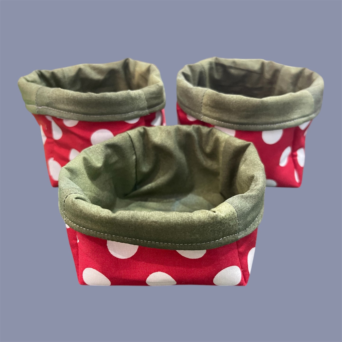 Fabric Boxes - Coloured Red w White Dots with Green Lining