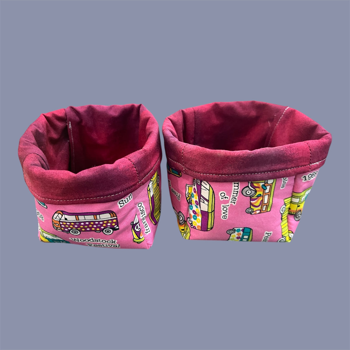 Fabric Boxes - Pink Hippy Bus with Red Lining