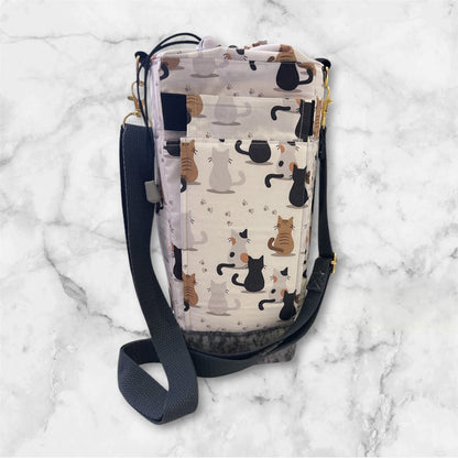 Water Bottle, Phone & Wallet Bag - Black Cats with Grey Lining