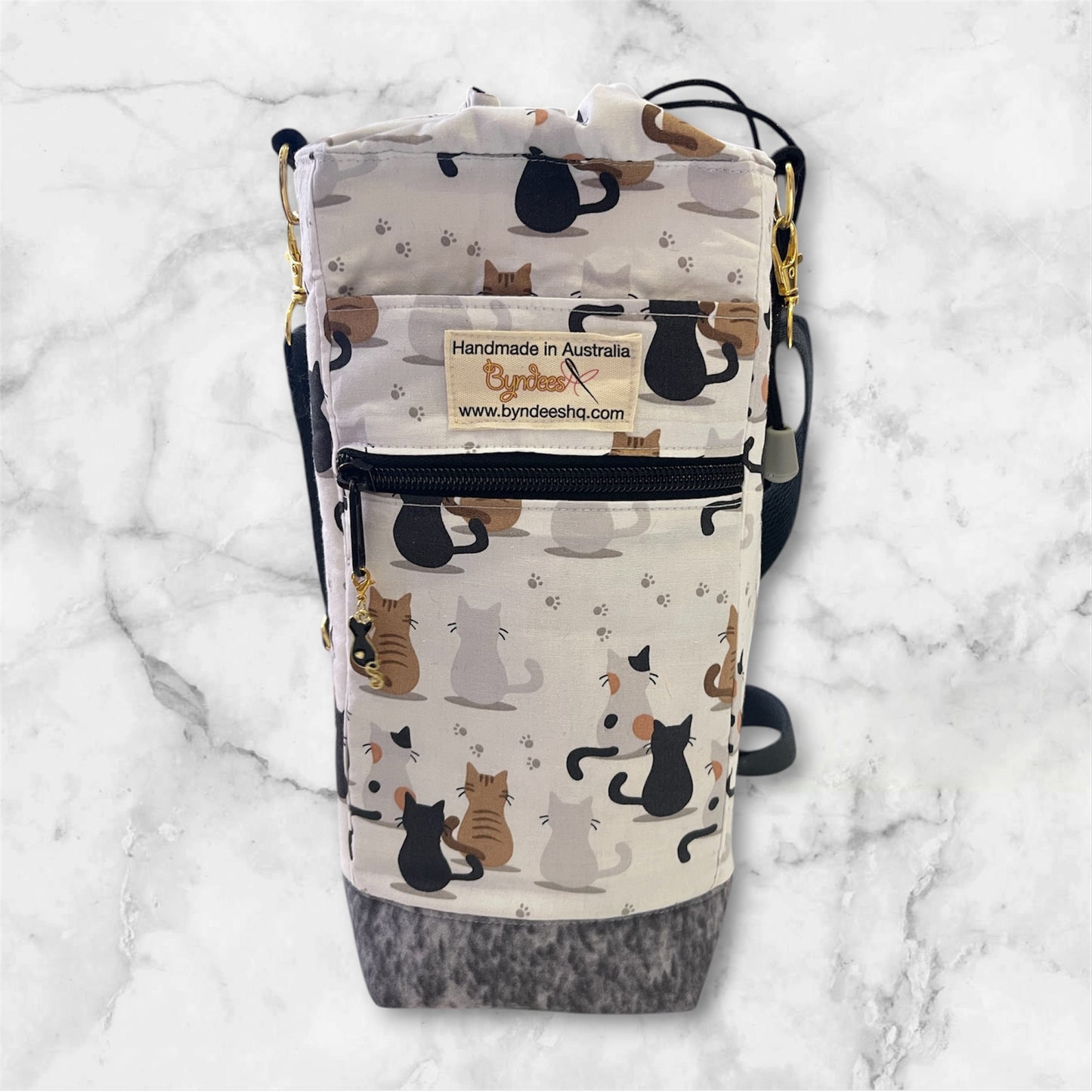 Water Bottle, Phone & Wallet Bag - Black Cats with Grey Lining