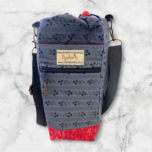 Water Bottle, Phone & Wallet Bag - Denim Blue Pattern with Red Lining