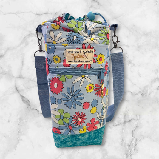 Water Bottle, Phone & Wallet Bag - Bright Flowers on Blue with Lite Blue Lining