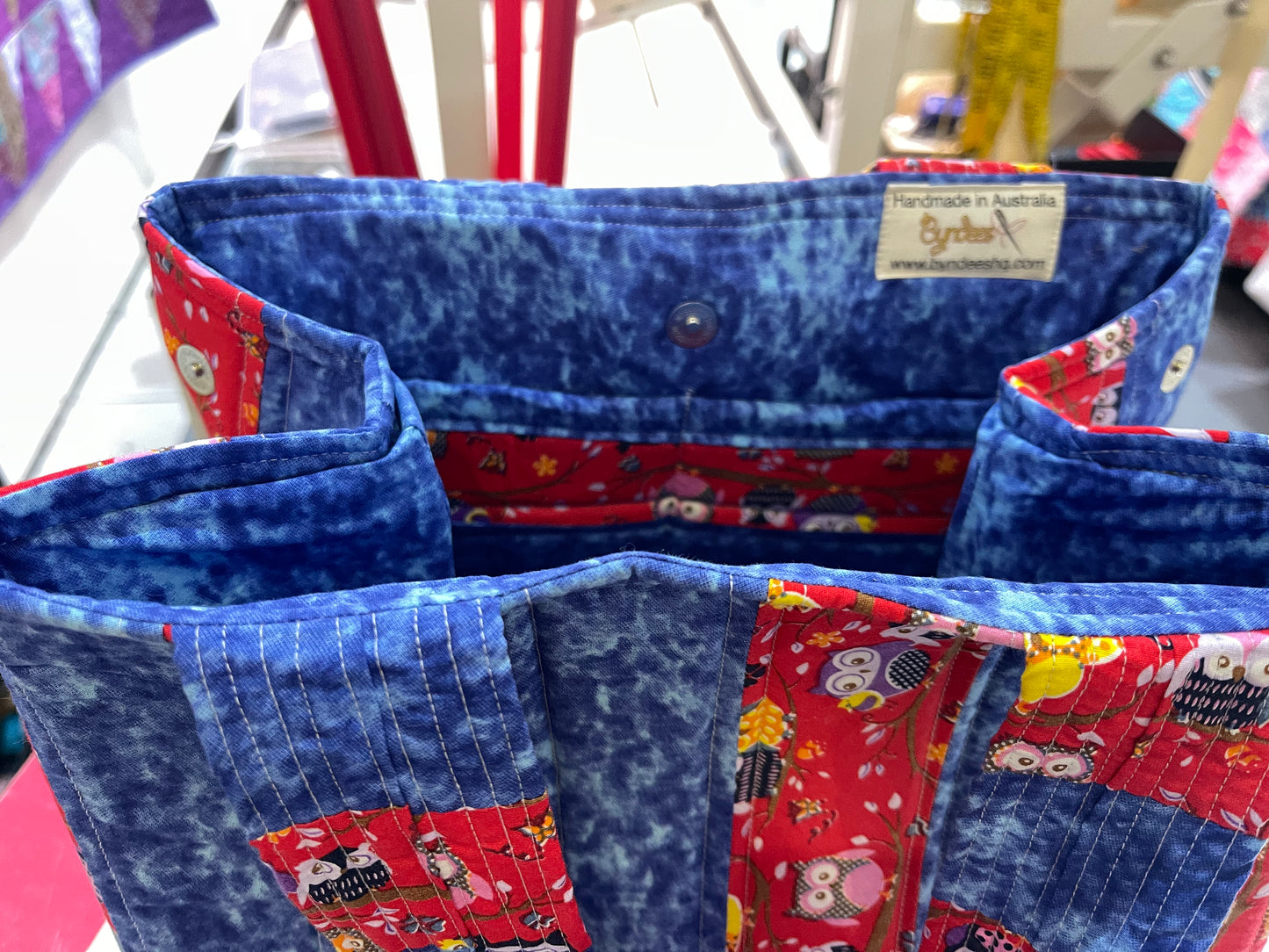 Totally Fun Bag - Owl on Red with Blue Lining