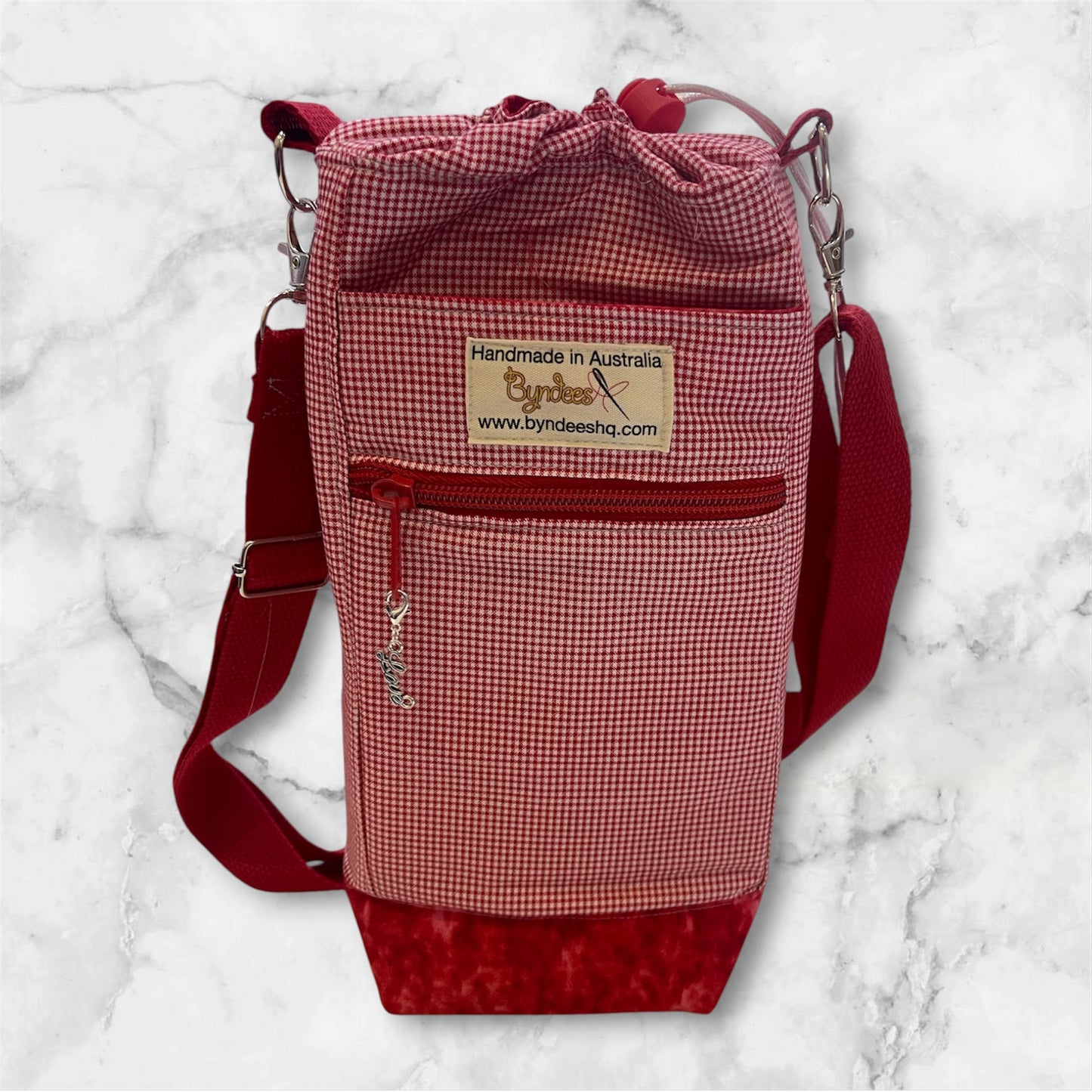 Water Bottle, Phone & Wallet Bag - Red & Whit Check with Red Lining