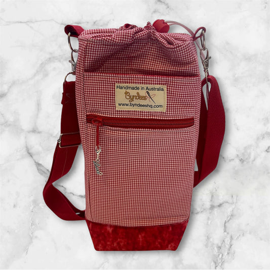 Water Bottle, Phone & Wallet Bag - Red & Whit Check with Red Lining