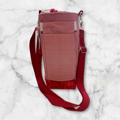 Water Bottle, Phone & Wallet Bag - Red & Whit Check with Red Lining