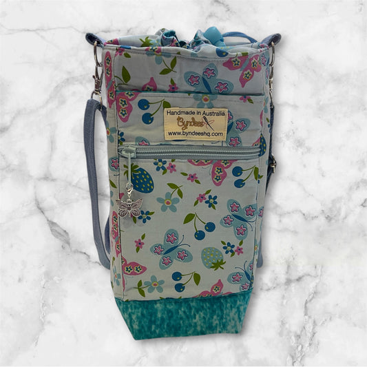 Water Bottle, Phone & Wallet Bag - Butterflies & Flowers on Blue with Lite Blue Lining