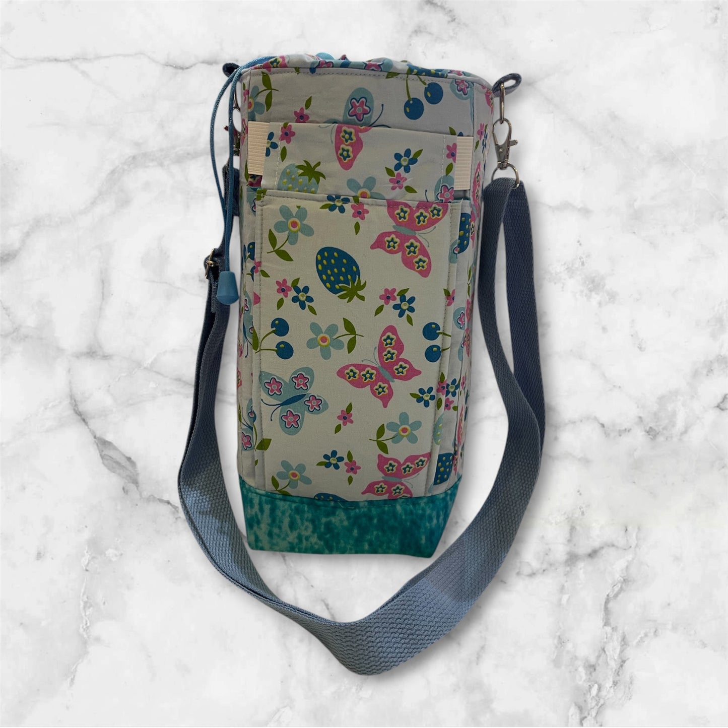 Water Bottle, Phone & Wallet Bag - Butterflies & Flowers on Blue with Lite Blue Lining