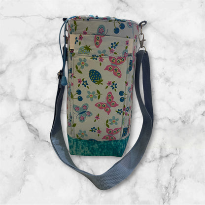 Water Bottle, Phone & Wallet Bag - Butterflies & Flowers on Blue with Lite Blue Lining