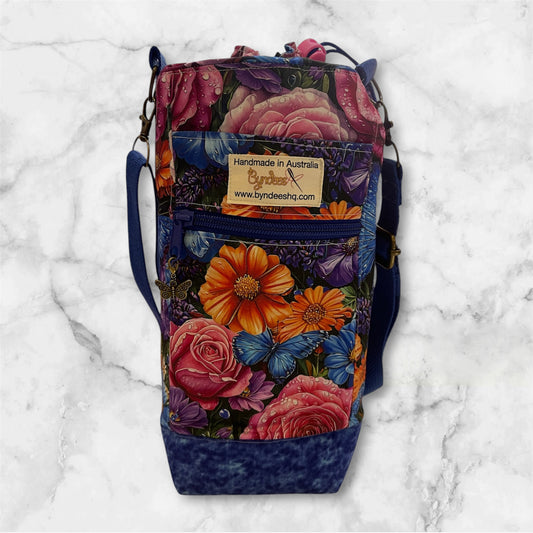 Water Bottle, Phone & Wallet Bag - Bright Flowers & Butterflies with Blue Lining