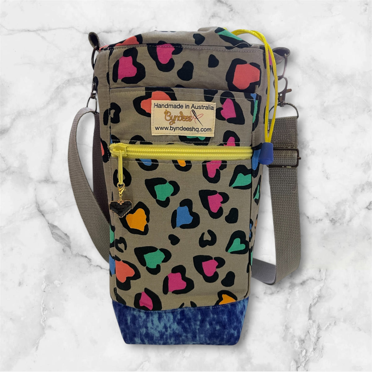 Water Bottle, Phone & Wallet Bag - Colourful Hearts on Grey with Blue Lining
