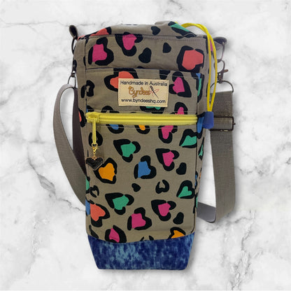Water Bottle, Phone & Wallet Bag - Colourful Hearts on Grey with Blue Lining
