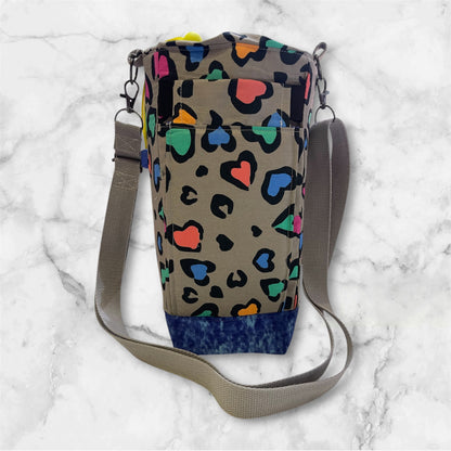 Water Bottle, Phone & Wallet Bag - Colourful Hearts on Grey with Blue Lining