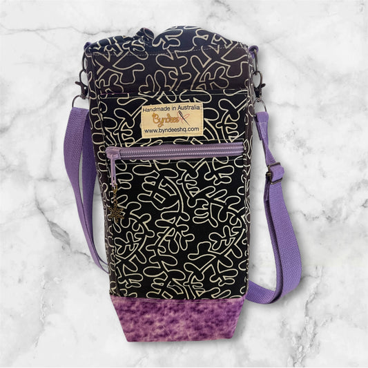 Water Bottle, Phone & Wallet Bag - Black & White Swirls with Purple Lining