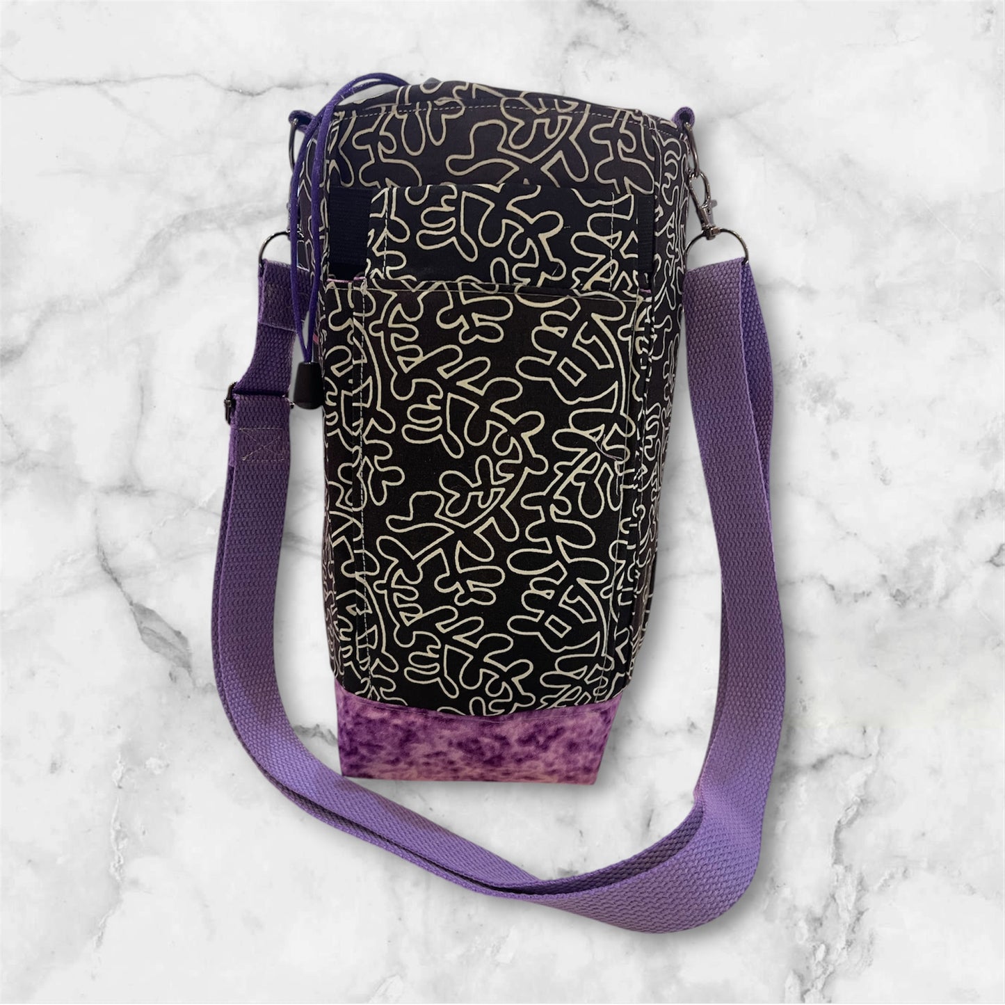 Water Bottle, Phone & Wallet Bag - Black & White Swirls with Purple Lining