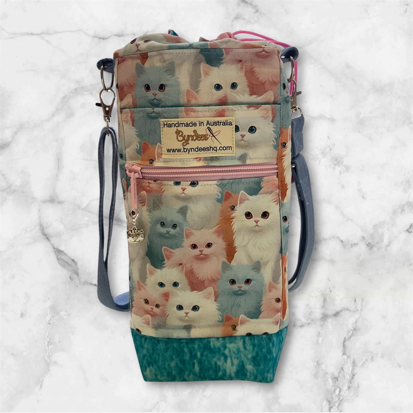 Water Bottle, Phone & Wallet Bag - Pastel Cats with Lite Blue Lining