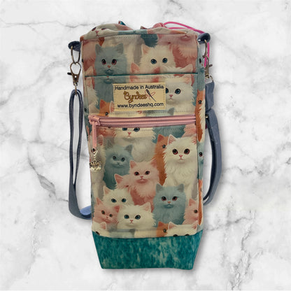 Water Bottle, Phone & Wallet Bag - Pastel Cats with Lite Blue Lining