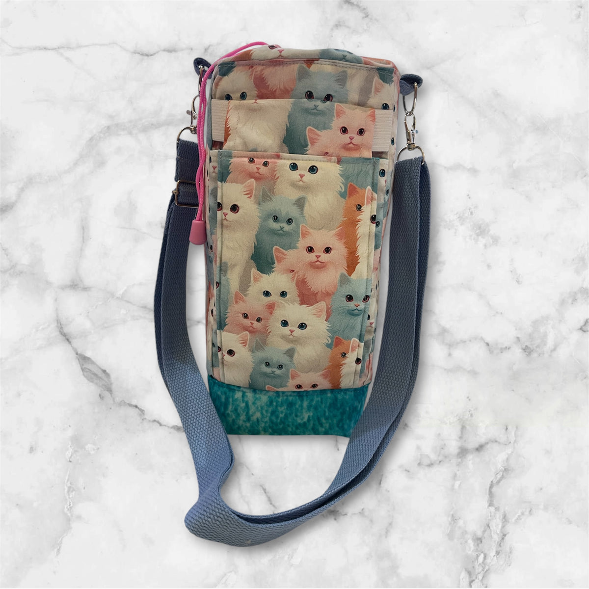 Water Bottle, Phone & Wallet Bag - Pastel Cats with Lite Blue Lining