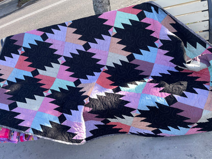 Jaggered Stacks Quilt Finished Pastel Stars w Black Size 54" x 80" Approx
