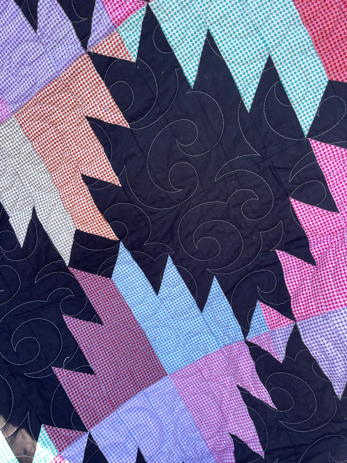 Jaggered Stacks Quilt Finished Pastel Stars w Black Size 54" x 80" Approx