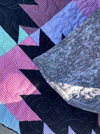 Jaggered Stacks Quilt Finished Pastel Stars w Black Size 54" x 80" Approx