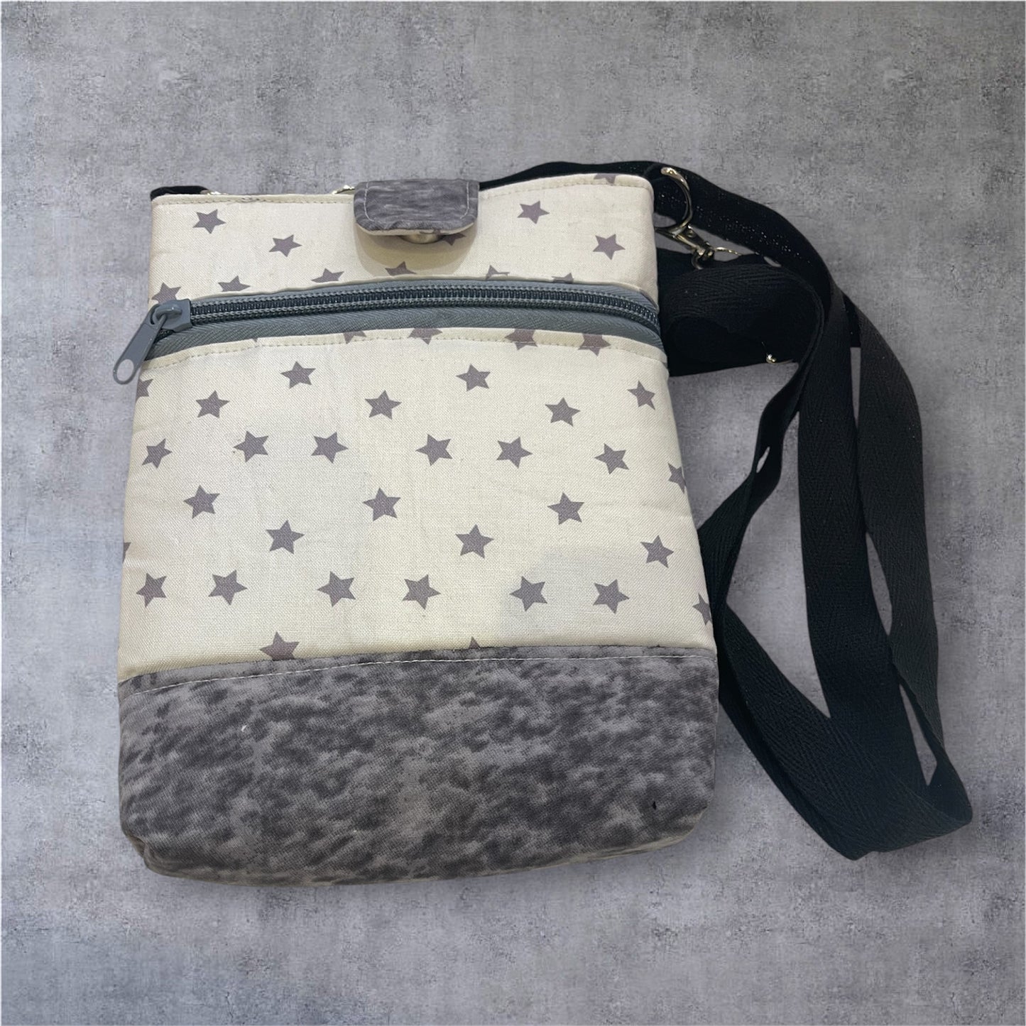 Mobile Phone & Wallet Bag - Grey Stars on White w Grey Lining