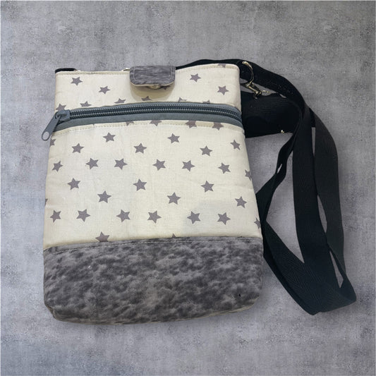 Mobile Phone & Wallet Bag - Grey Stars on White w Grey Lining