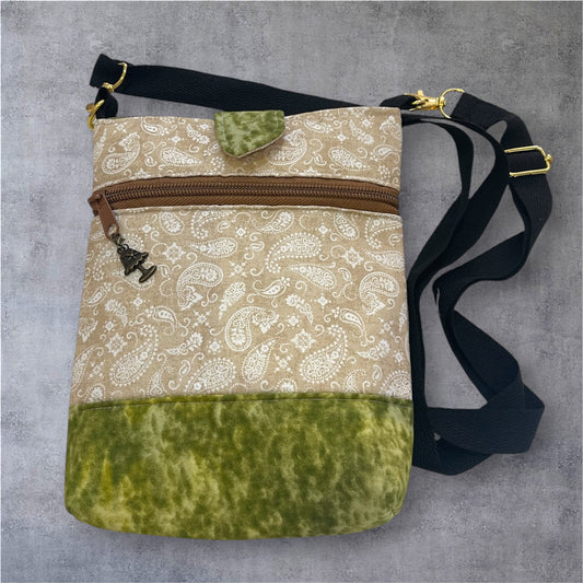 Mobile Phone & Wallet Bag - Paisley Beige w Olive Lining