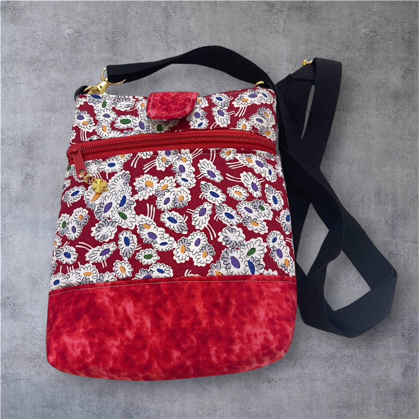Mobile Phone & Wallet Bag - Cartoon Flowers on Red w Red Lining