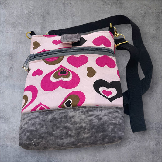 Mobile Phone & Wallet Bag - Pink Hearts on Pink w Grey Lining