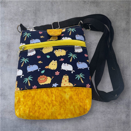 Mobile Phone & Wallet Bag - Cartoon animal on Navy w Yellow Lining