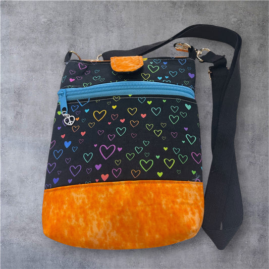 Mobile Phone & Wallet Bag -Bright Hearts on Black w Orange Lining