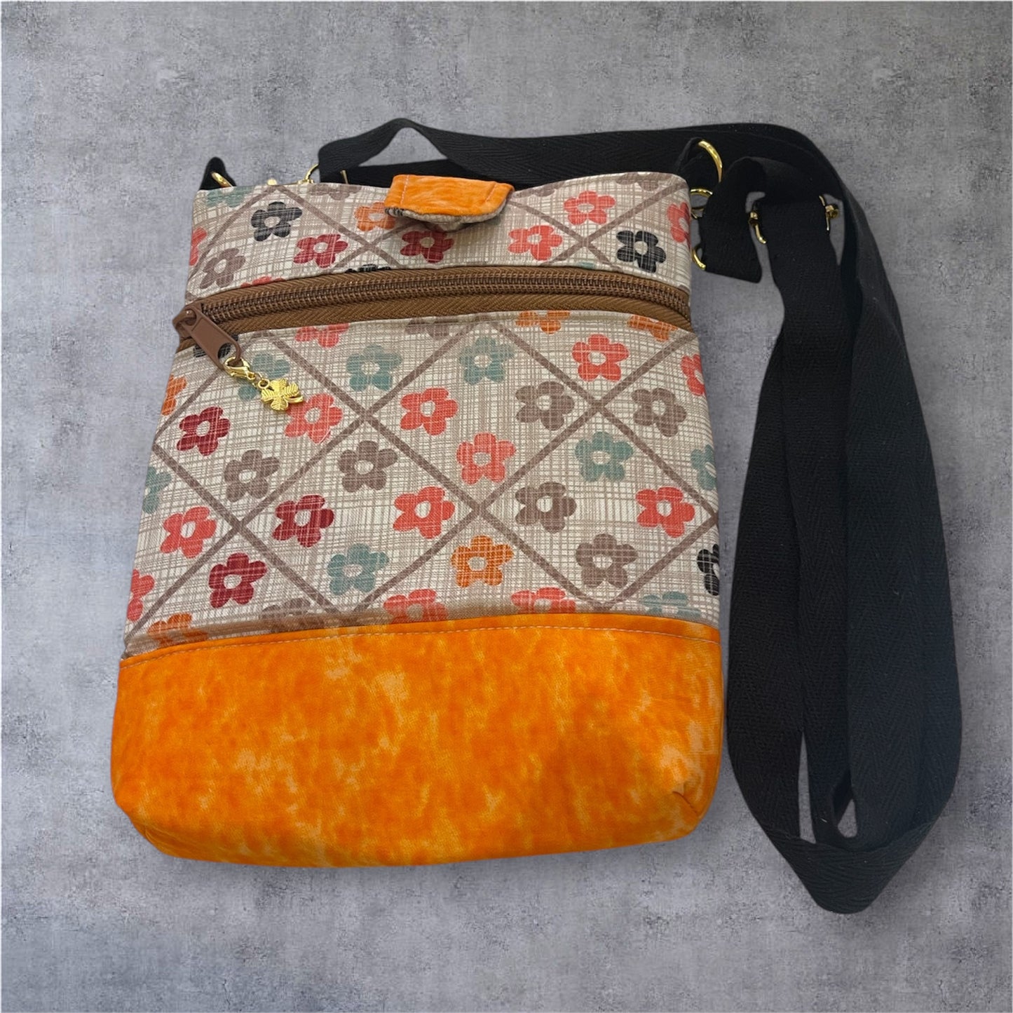 Mobile Phone & Wallet Bag - Beige Flowers w Orange Lining