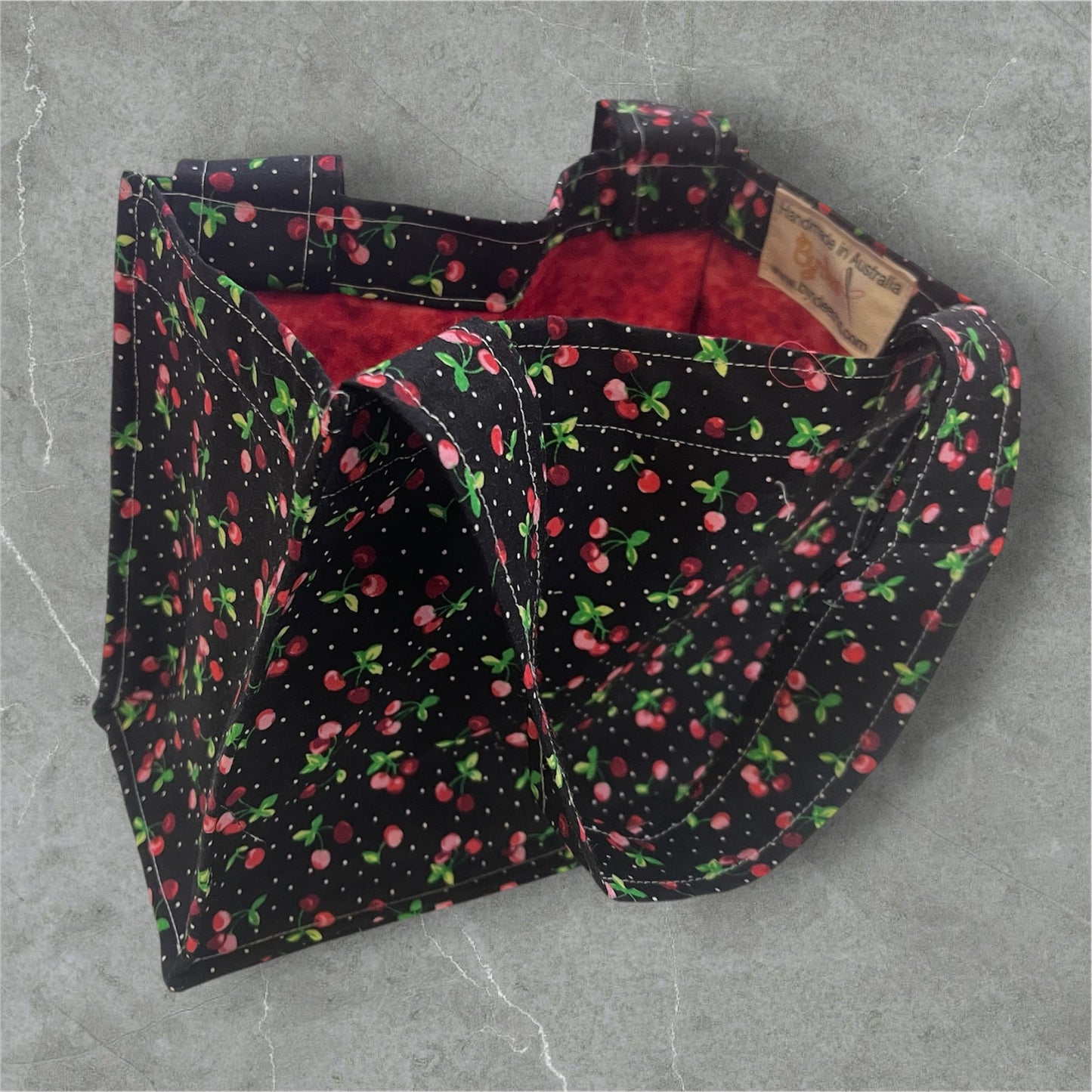 2 Cup Coffee Cup Caddy - Cherries on Black w Red Lining
