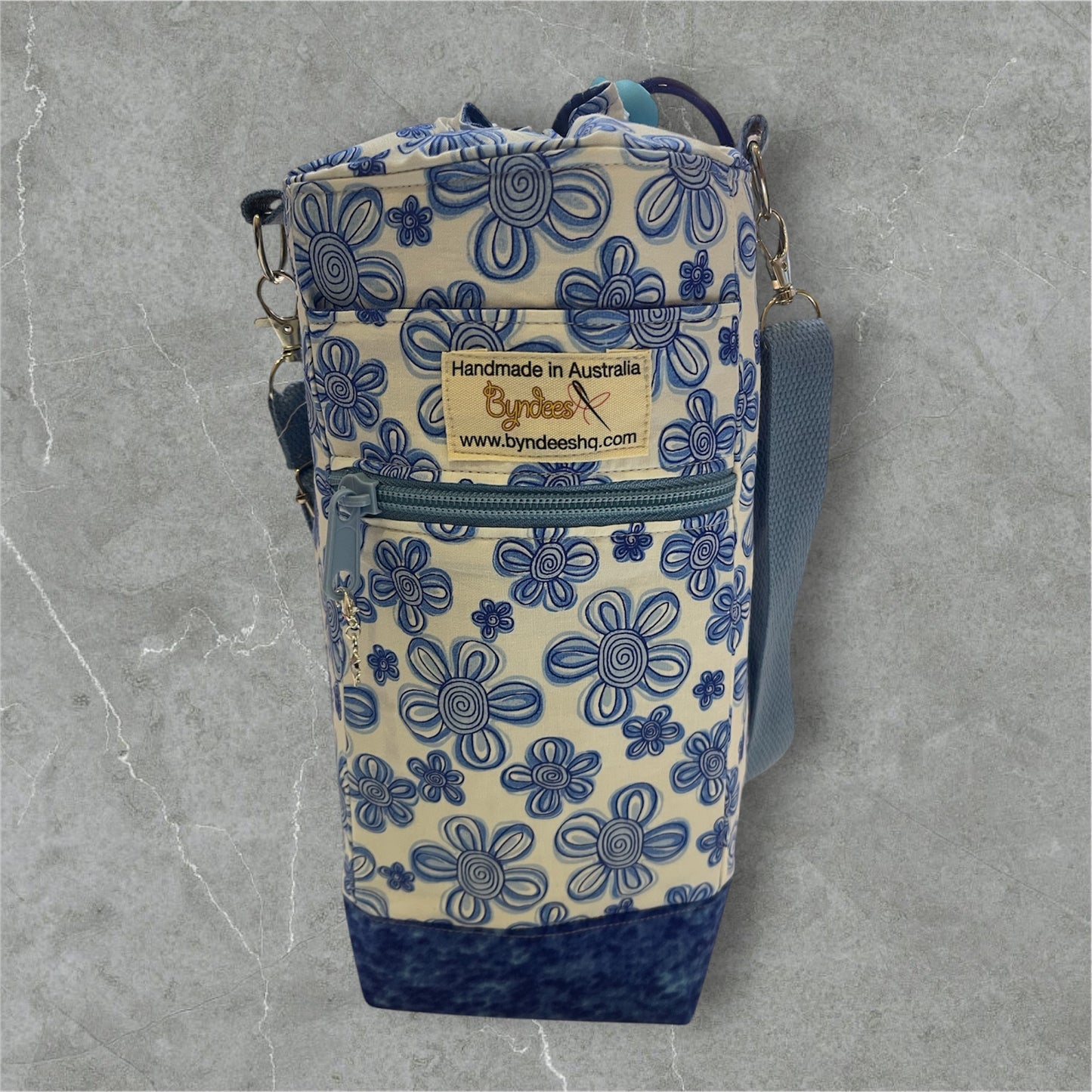 Water Bottle, Phone & Wallet Bag - Funky Blue Flowers with Blue Lining