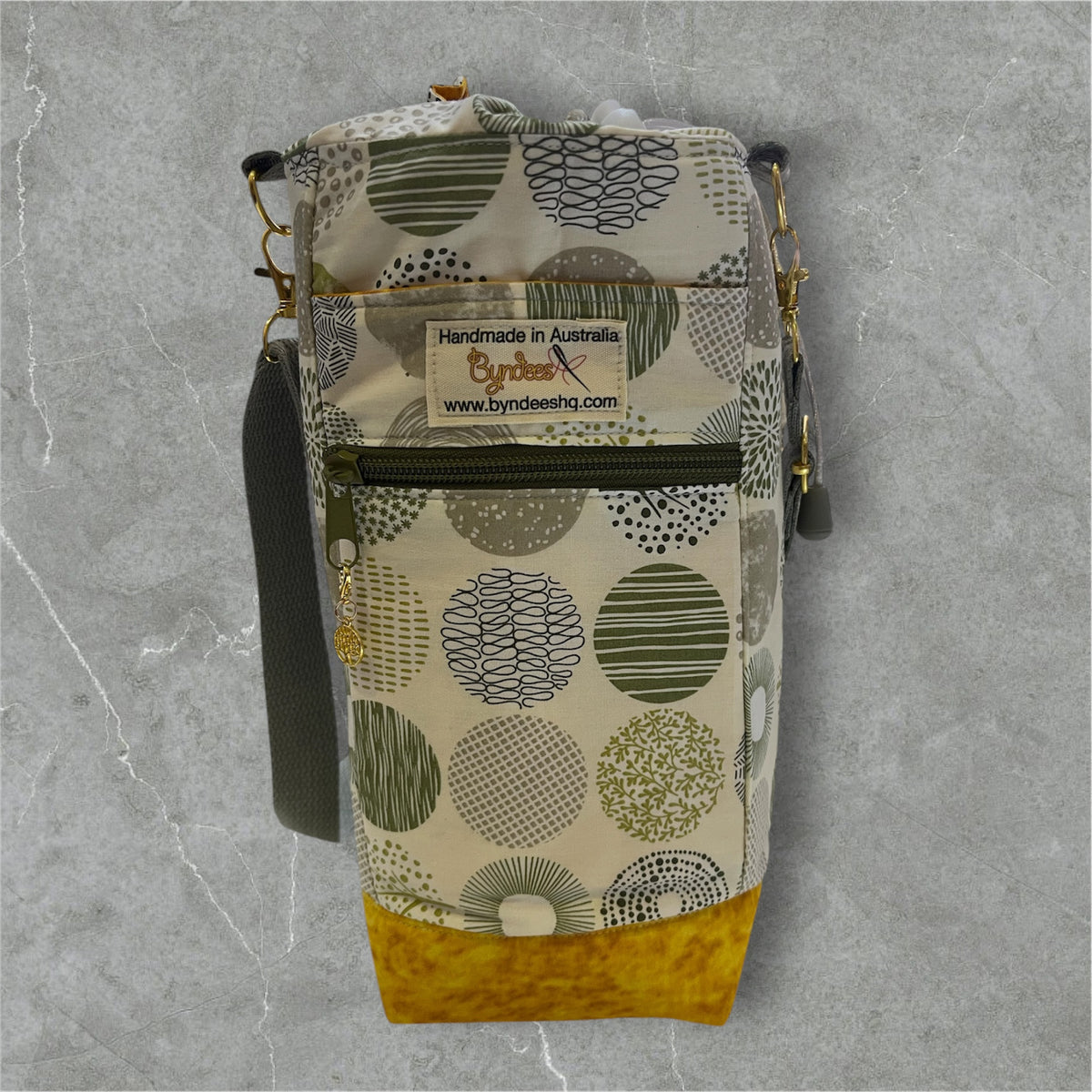 Water Bottle, Phone & Wallet Bag - Earthy Flowers in Greens with Yellow Lining