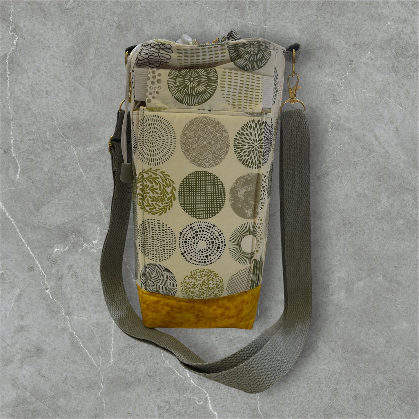 Water Bottle, Phone & Wallet Bag - Earthy Flowers in Greens with Yellow Lining