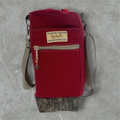 Water Bottle, Phone & Wallet Bag - Red with White Dots with Grey Lining
