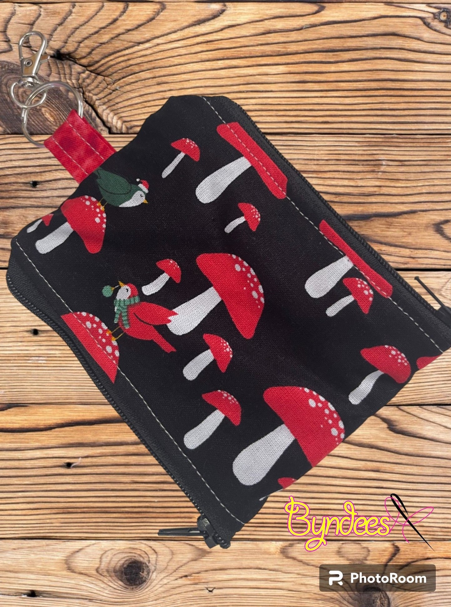 2 Pocket Zipper Keychain Purse - Mushrooms with Birds