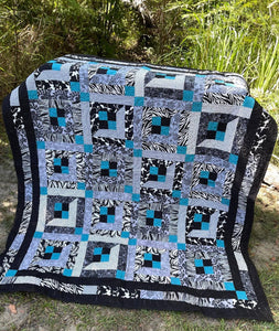 Geomaze Black & White with Teal Quilt Finished Size 61" x 69" Approx