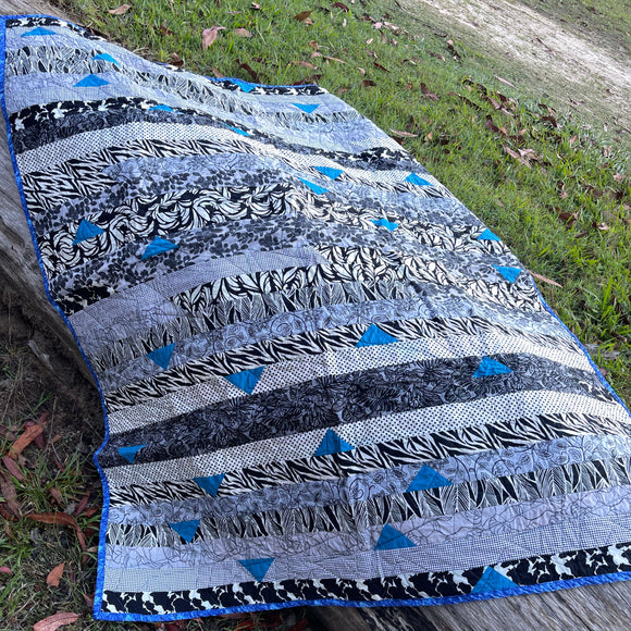 Black & White with Blue Quilt Finished Size 50